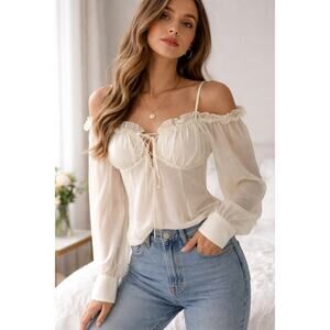 Mia Joy Cream Off Shoulder Ruffle Blouse Cottagecore Boho Lace Up Top Size S